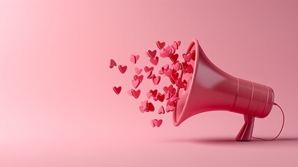 Megaphone, loudspeaker send message with red hearths on pink background banner - obrazy, fototapety, plakaty