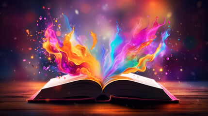 An open book ignites a fantasy of vibrant, colorful flames against a dark mystical background, symbolizing imagination and creativity. - Powered by Adobe