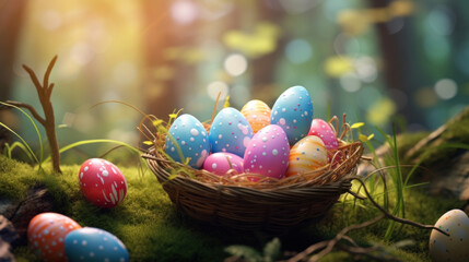 A wicker basket filled with vibrant, patterned Easter eggs nestled in a forest setting.