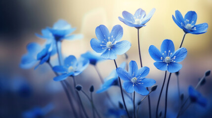 Delicate blue hepatica flowers bloom against a blurred natural background, invoking a serene spring atmosphere.