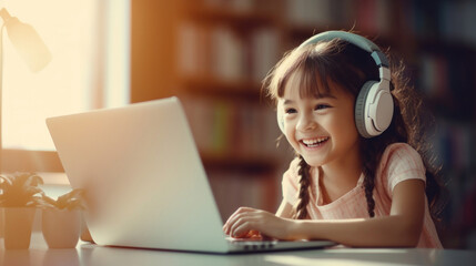Joyful young girl with headphones uses a laptop, engaging in an online learning session at home with a bright smile.