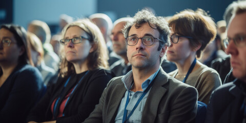 A focused audience attentively listens to a speaker at a professional conference event, engaging in lifelong learning.