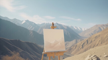 A canvas painting depicting mountains, set on an easel amidst a serene mountain landscape.