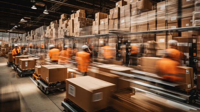 Workers in safety vests operate in a bustling warehouse environment, with motion blur conveying speed and efficiency.