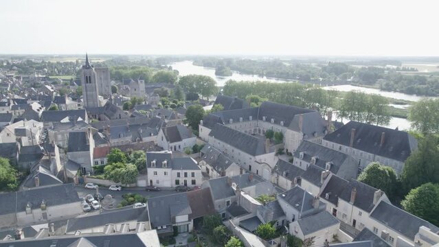 Beaugency Medieval City Near Loire River, Habitation and Monument - Aerial Orbital Shot