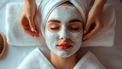 Foto auf gebürstetem Alu-Dibond Schönheitssalon Woman in mask on face in spa beauty salon