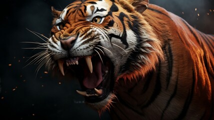 Obraz premium Fierce Tiger Roaring and Struggling Against Restraining Chains in a Powerful Display of Strength and Freedom - AI-Generative