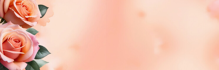 Peach color banner with delicate composition of rose flowers with space for advertising, web page