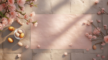A serene Easter setup with pastel pink eggs and full cherry blossoms casting soft shadows on a textured paper backdrop.