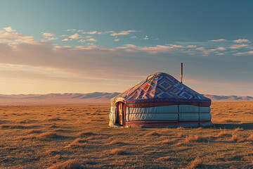 A nomadic retreat with a beautifully patterned yurt - Generative AI - obrazy, fototapety, plakaty