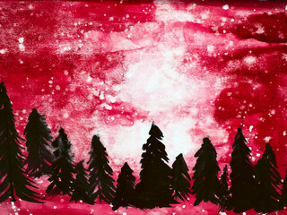Red sky upon a pine forest