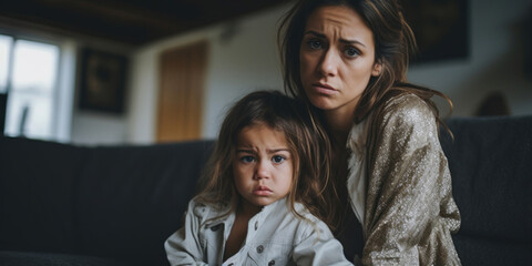 A worried mother embraces her young daughter, who appears upset, in a comforting home environment.