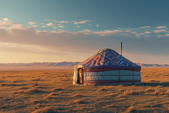 A nomadic retreat with a beautifully patterned yurt - Generative AI