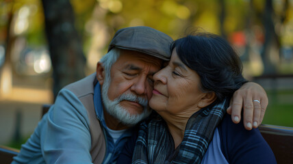 romantic elderly couple sitting on bench outdoors