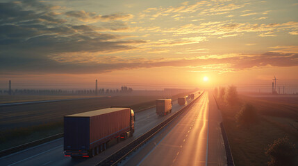 Obraz premium Delivery truck on the highway with sunset background.