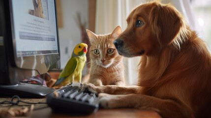 Pet Telemedicine Consultation: A Dog, Cat, and Parrot's Comical Encounter with Virtual Veterinary Care. Humorous Telehealth Consultation from Home. Image made using Generative AI - 711184834