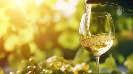 Pouring white wine into a glass with sunlit vineyard grapes in the background, capturing the essence of wine tasting and vineyard tours. - obrazy, fototapety, plakaty