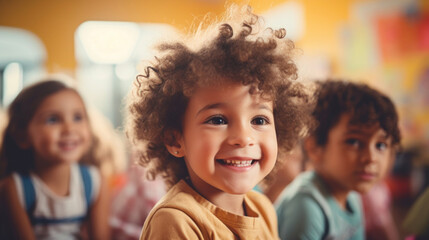 A cheerful child with curly hair and a bright smile in a colorful classroom setting, surrounded by...