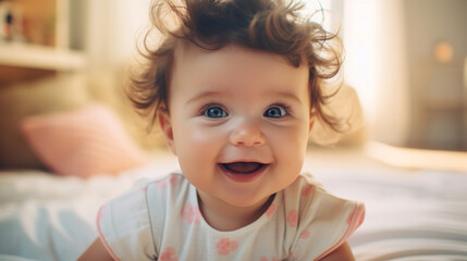 A baby with big blue eyes and curly hair smiles brightly in a sunlit room, creating an image of innocence and joy. - obrazy, fototapety, plakaty
