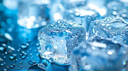a close up of water droplets on ice cubes with a blue background