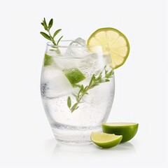 Gin and Tonic cocktail on a white background. Refreshing Glass of Water With Lime and Ice  and rosemary - A Simple, Cool Drink to Quench Your Thirst