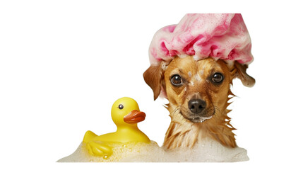 Dog in Bathtub With Rubber Duck - Adorable Pet Enjoying a Bath