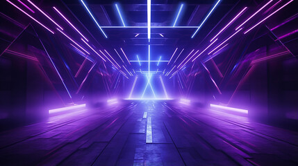 laser show club dark neon sci fi futuristic retro purple blue glowing ceiling lights tunnel hall 3D