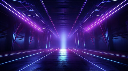 Fototapeta na wymiar laser show club dark neon sci fi futuristic retro purple blue glowing ceiling lights tunnel hall 3D
