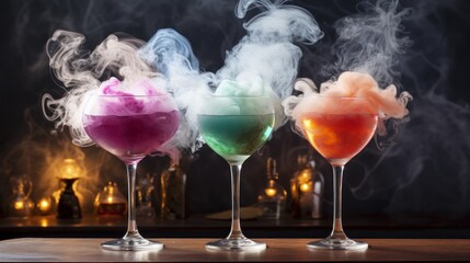 Petrifying potion cocktails with dry ice smoke. Halloween mood background.Three Cocktails With Smoke Rising