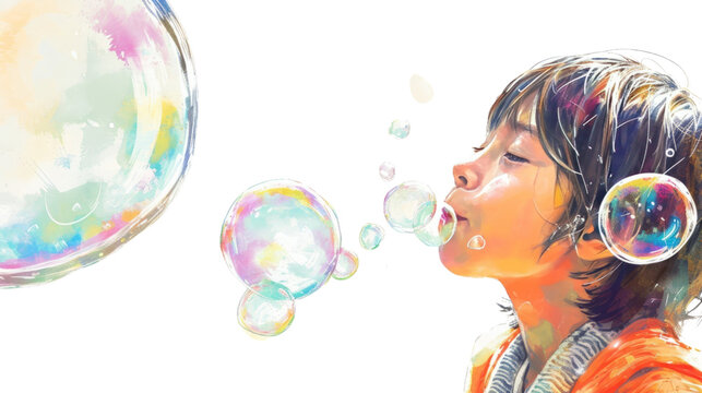 Young Boy Blowing Bubbles in the Air