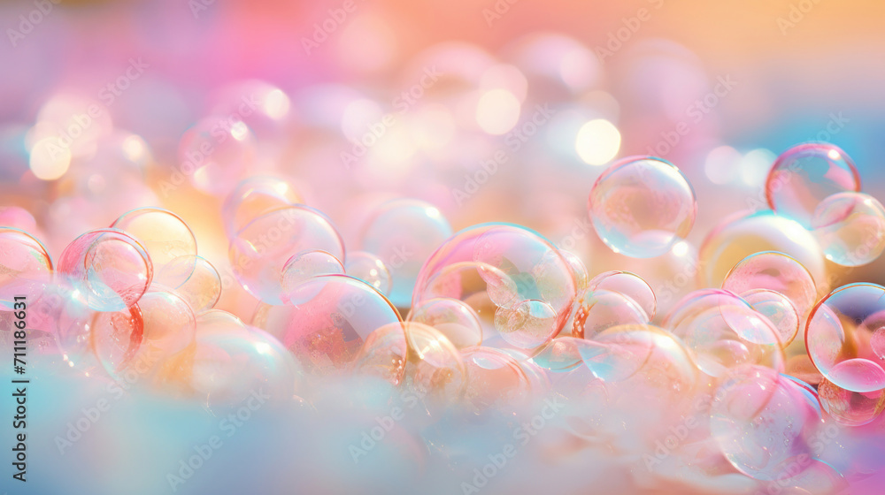 Poster a close-up of numerous soap bubbles, catching the light and reflecting a spectrum of colors on a sof