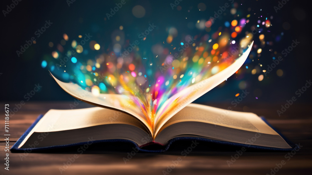 Aufkleber an open book on a wooden table casting a magical burst of colorful lights, igniting the imagination 