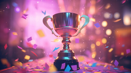 A champion's trophy bathed in purple light, surrounded by a vibrant shower of confetti, symbolizing...