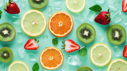 A refreshing assortment of citrus fruits and strawberries with ice cubes on a bright aqua background, evoking a summer vibe. - obrazy, fototapety, plakaty
