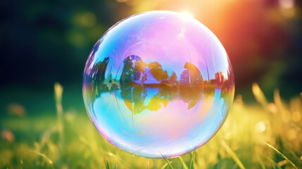 A single iridescent soap bubble floats delicately in a sunlit field, reflecting the surrounding nature in its surface.