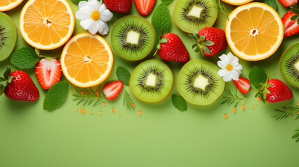 Top view of fresh oranges, kiwis, strawberries, and mint leaves artistically arranged on a vibrant...