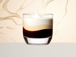 Exquisite Layered Coffee Drink Served in a Clear Glass Against a Neutral Background