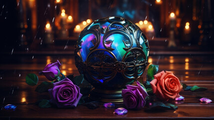 A mystical blue orb surrounded by purple and orange roses creates a captivating scene with a magical, almost otherworldly ambience.