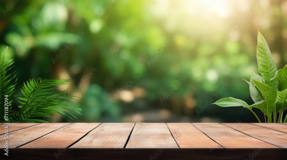 Poster empty wooden tabletop with a smooth surface, overlooking a vibrant green natural background with sun