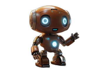 A brown cute robot raising hand to greet human on plain transparent background from Generative AI