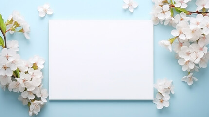 Delicate white spring blossoms frame a blank space on a pastel blue background, perfect for a fresh seasonal message.