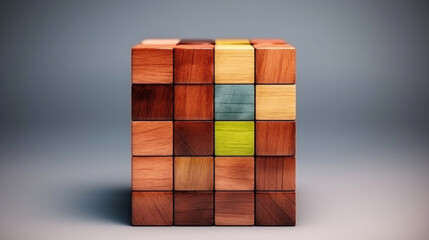 A 3D puzzle made of wooden cubes with one block colored differently, standing out on a gradient background.