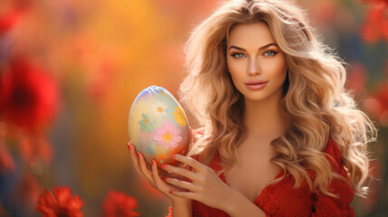 Fototapeta na wymiar A gorgeous woman with flowing hair gently holds a decorative Easter egg against a blurred background of spring blossoms.