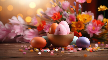 Vibrant Easter eggs nestled in a golden bowl among spring flowers and colorful confetti - Powered by Adobe
