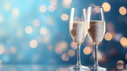Two elegant champagne flutes filled with golden glittering bubbles against a dreamy blue bokeh background.