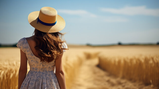 Back view of a woman in a summer dress and straw hat walking through a golden wheat field, enjoying nature.