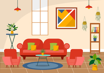 Home Decor Vector Illustration with Living Room Interior and Furniture such as Comfortable Sofa, Window, Chair, House Plants and Accessories