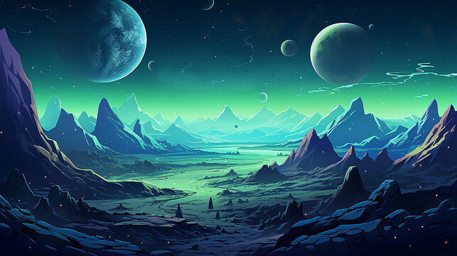 space background with landscape of alien planet craters and lighted crack cartoon illustration