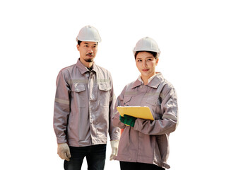 Male and female worker or Engineer wearing safety helmet and on transparent background