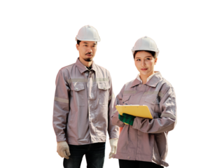 Male and female worker or Engineer wearing safety helmet and on transparent background